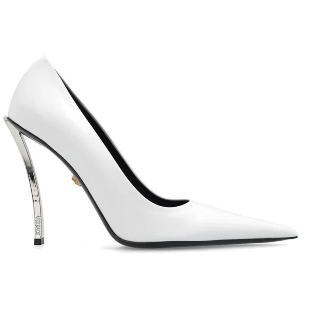 New- Versace Curved Heel Pointed Toe Pumps Pin Point Heels White Size 38.5